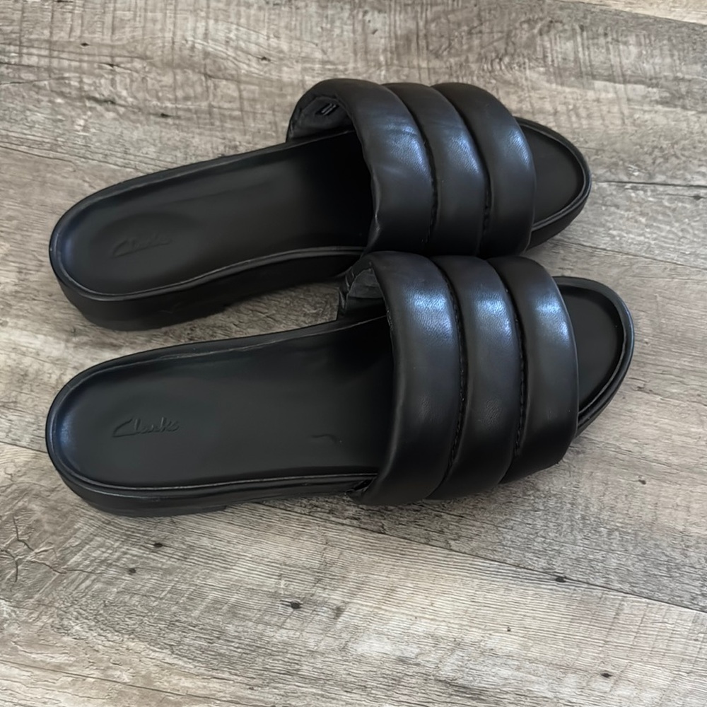 Clarks Dark Leather Slide Sandals
